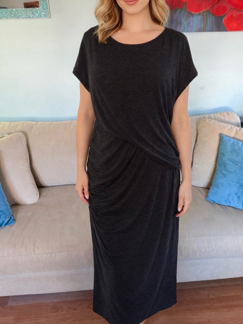 All Saints Kasia Ruched Midi Dress Cap Sleeves Size L Large Gray